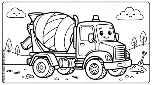Cute cartoon cement mixer truck vehicle.