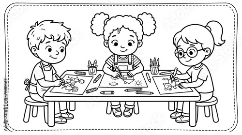 Children sitting at a table drawing.
