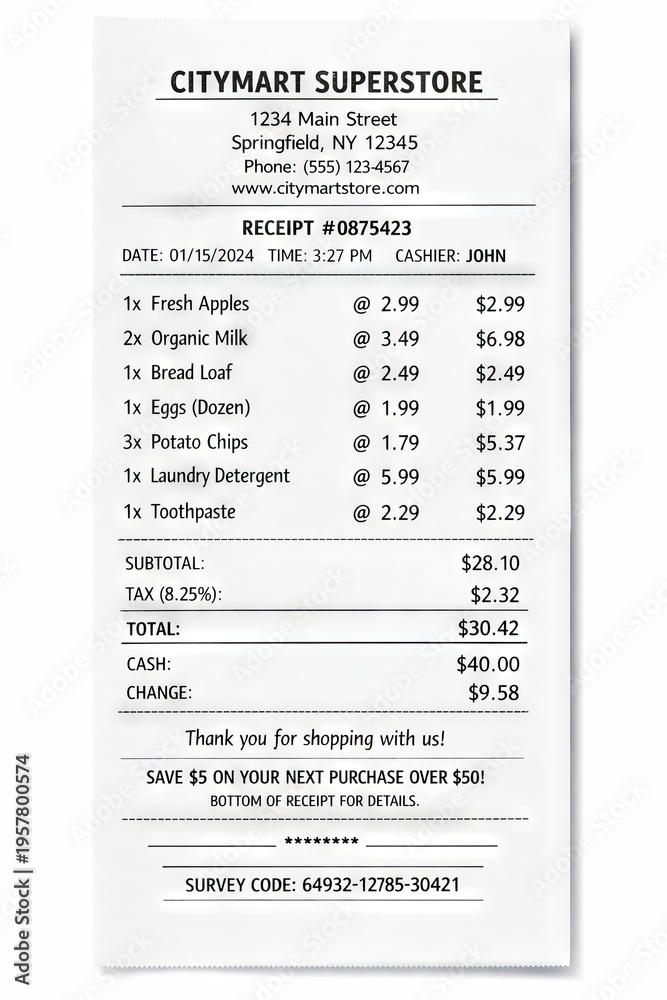 Fototapeta premium Grocery store receipt with purchase list and prices. concept of shopping, budgeting, store transactions, everyday expenses, organized retail, consumer spending record