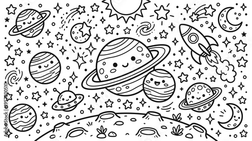 Colorful illustration of planets and rockets.