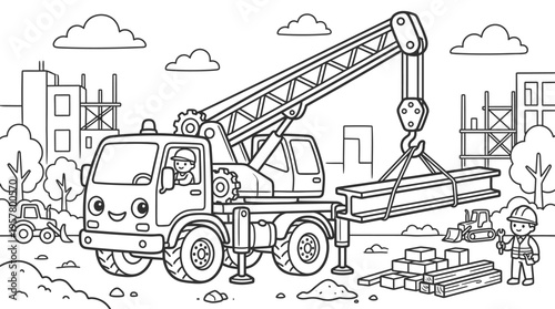 Construction truck with crane lifting beam.