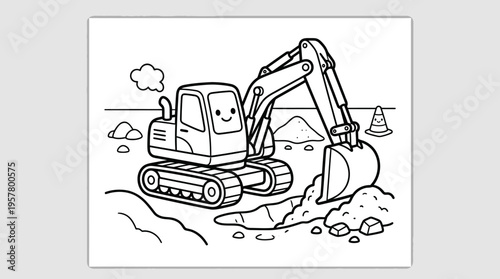 Excavator digging earth with bucket.