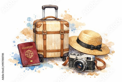 Watercolor travel essentials featuring suitcase, passport, vintage camera, and straw hat on artistic background. concept of adventure packing, wanderlust, exploration preparation