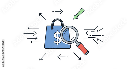 Shopping bag with dollar sign and magnifying glass surrounded by arrows