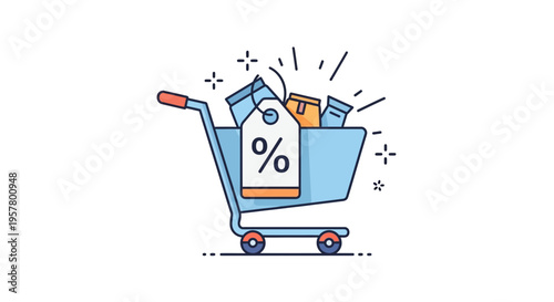 Shopping cart filled with boxes and a sale tag against white backdrop