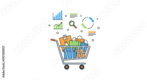 Shopping cart filled with boxes and graphics on a white background