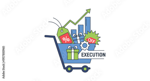Shopping cart filled with charts and price tags representing financial growth