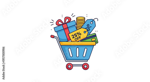 Shopping cart filled with gift box discount price tag and credit card