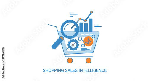 Shopping cart with charts and magnifying glass representing sales analysis