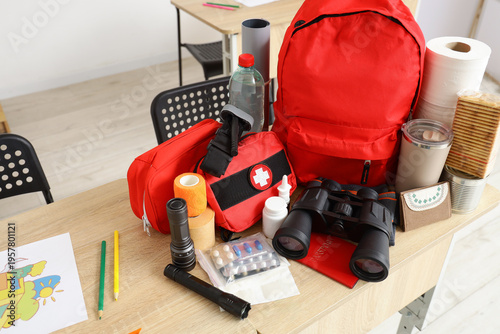 School desk with emergency ...