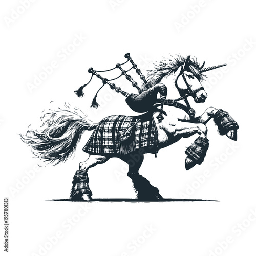 unicorn in tartan kilt and bagpipe
