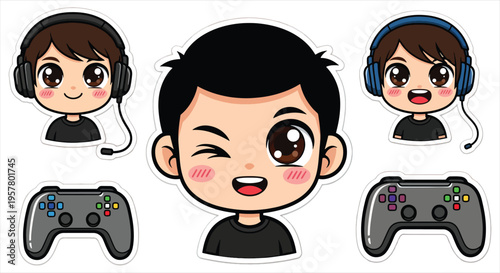 Cute Gamer Boy Character Emote Sticker Set, Kawaii Gaming Avatar Emoji Pack, Streaming Reaction Icons for Twitch Discord Vector