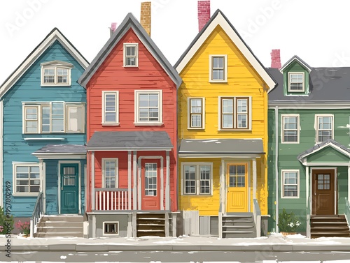 Charming row of colorful houses stand side by side along a street, each with unique painted facades and inviting front porches.