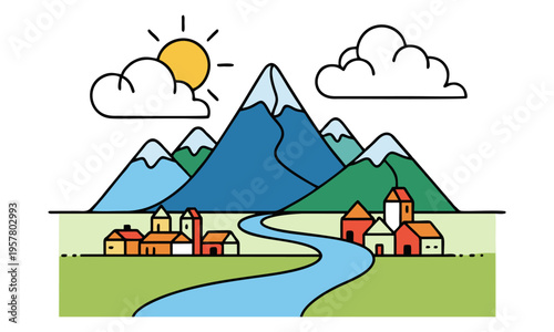 View of the Small Town with the Background of Snowy Mountains and Rivers