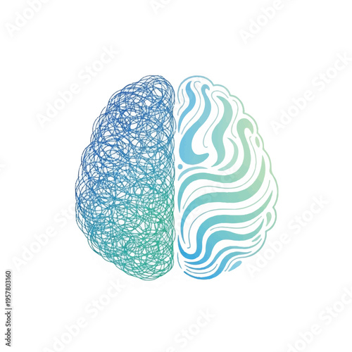 Illustration of a brain divided into two halves with contrasting blue and green neural network patterns on a white background.