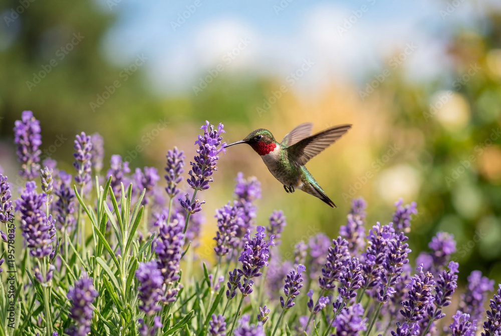 Obraz premium Vibrant ruby throated hummingbird hovering mid flight among lush purple lavender summer flowers