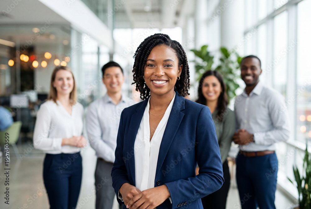 Obraz premium Confident young african american businesswoman smiling in modern office