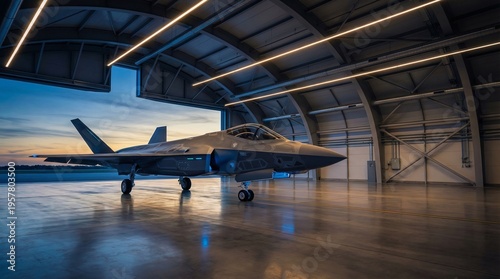 A modern stealth fighter jet parked inside a well-lit hangar with a reflective floor, at dusk.