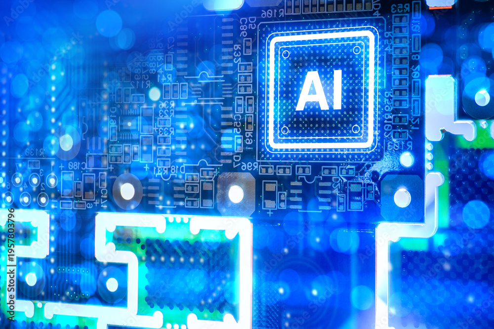 Fototapeta premium Artificial intelligence development, glowing AI processor chip mounted on electronic circuit board symbolizes machine learning computing power and advanced semiconductor technology.