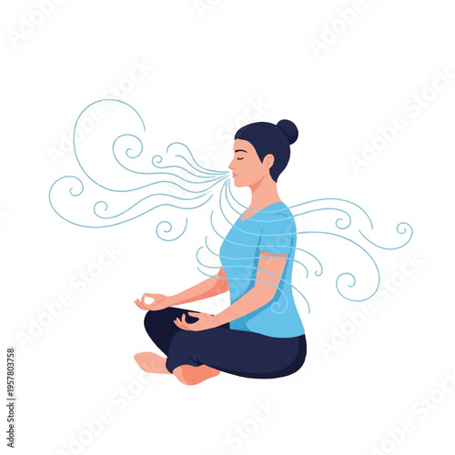 Illustration of a serene woman meditating cross-legged with swirling lines emanating from her face in a calming atmosphere.