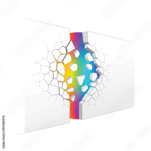Graphic illustration of a cracked white surface with a rainbow-colored fracture line and geometric pattern in the middle.