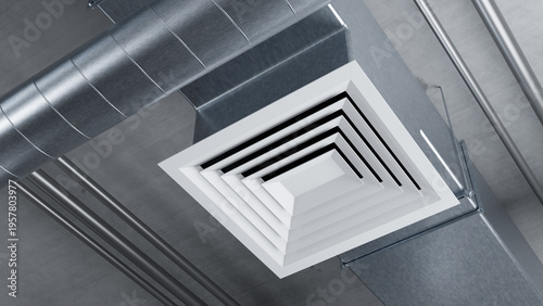 Tableau sur toile Ventilation installation, ceiling air diffuser connected to metal duct system distributes conditioned airflow inside commercial building for climate control and indoor air circulation