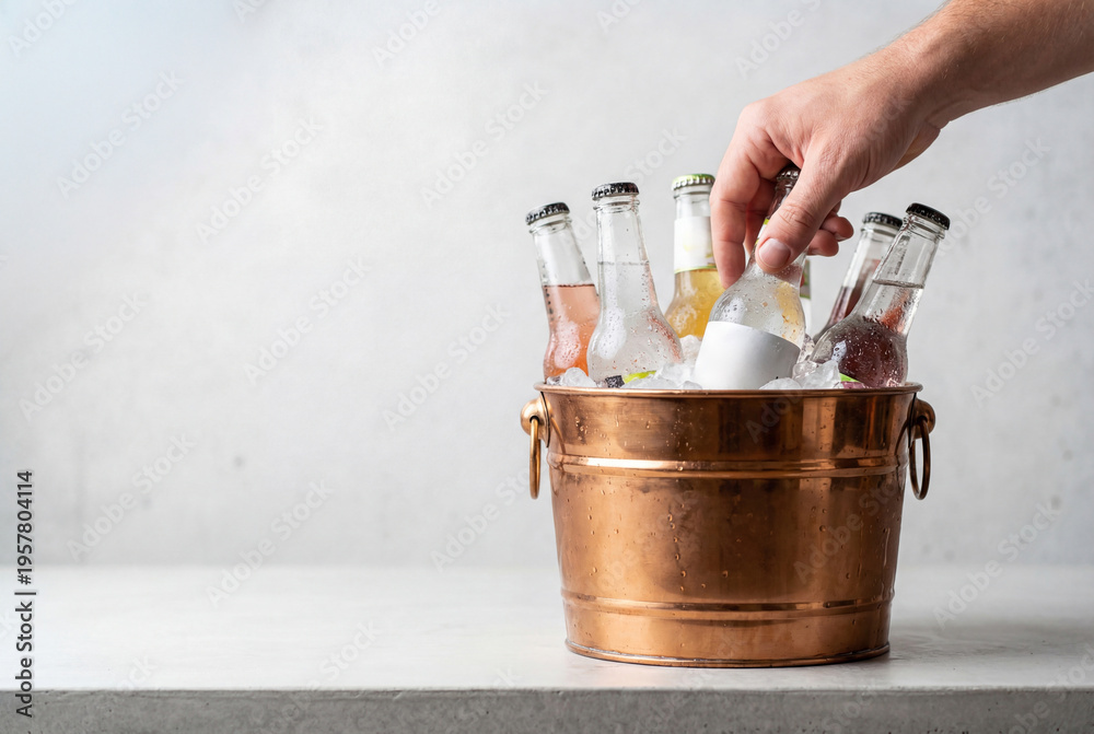 Fototapeta premium Hand taking a cold bottle of hard seltzer from a copper ice bucket at a party