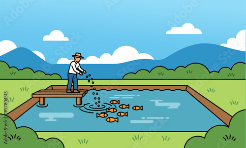 Fish Farmers Feed Fish in Hill Background Cultivation Pool