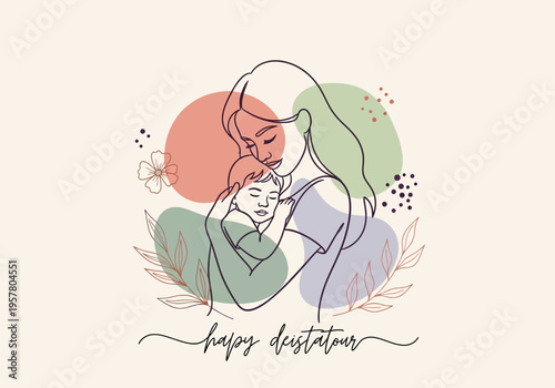 Minimalist Line Art Illustration of Mother Cuddling Her Baby with Abstract Organic Shapes and Botanical Elements, Happy Mother's Day Greeting Concept