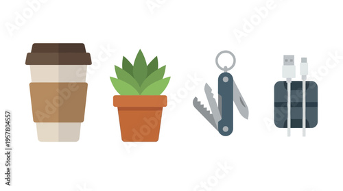 A collection of everyday items in a flat design style, including a coffee cup, a potted plant, a multi-tool, and a cable organizer.