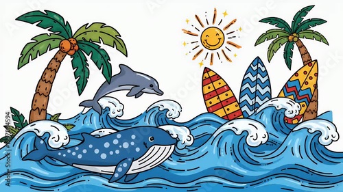 Sunny Day Ocean Waves With Dolphins and Whales Surfing and Palm Trees