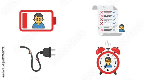 Four icons depicting common modern-day stressors: low energy, task failure, broken technology, and time pressure.