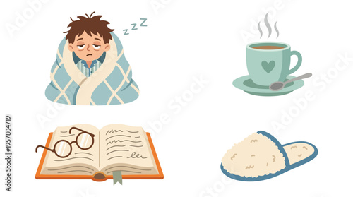 An illustration depicting a sleepy person wrapped in a blanket, a steaming cup of coffee, an open book with reading glasses, and a cozy slipper, symbolizing comfort and a relaxed morning.