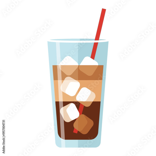 Cold drink with ice cubes and straw.