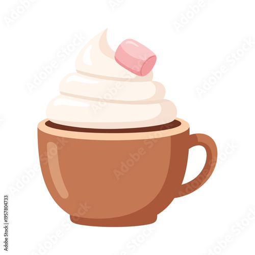 A brown mug with whipped cream and a pink marshmallow on top.