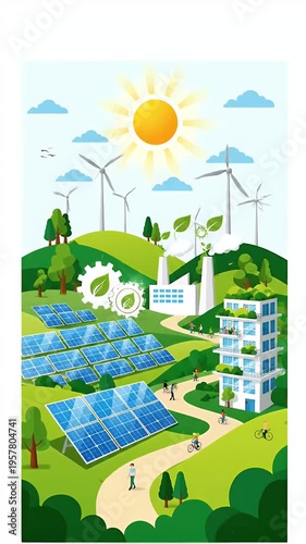 Sunny Green Landscape With Solar Panels Wind Turbines And Eco Buildings