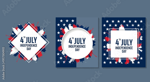 Patriotic 4th of July Independence Day Greeting Card Templates with Abstract Red White and Blue Brush Strokes and Star Patterns