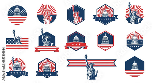 Collection of American Patriotic Logos and Badges featuring the Statue of Liberty, US Capitol Building, and National Flag Elements in Red White and Blue