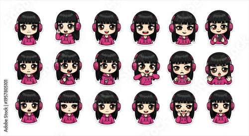 Cute Gamer Girl Character Emote Sticker Set, Kawaii Gaming Avatar Emoji Pack, Streaming Reaction Icons for Twitch Discord Vector