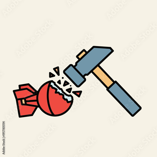 A cartoon hammer smashing a red piggy bank.