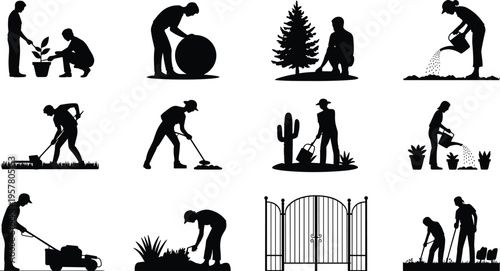 Black Silhouette Collection of People Gardening and Landscaping Activities Featuring Lawn Mowing Planting Watering Trees and Professional Backyard Maintenance Isolated on White Background