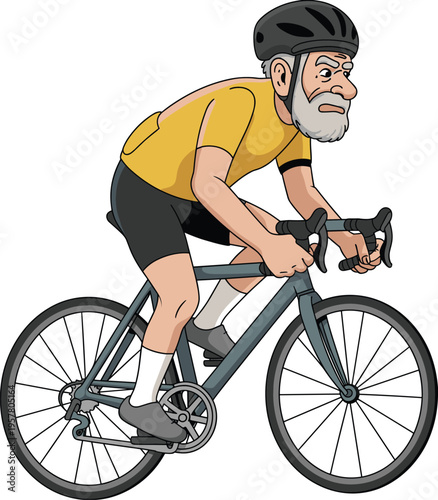 Active Senior Man Riding Professional Road Bicycle Wearing Yellow Cycling Jersey and Helmet Representing Healthy Aging Fitness Lifestyle and Outdoor Sports Activity for Elderly