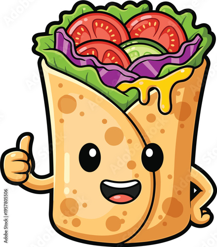 Cute cartoon tortilla wrap mascot with vegetables smiling fast food character vector illustration isolated on white background for restaurant menu snack branding and kids design