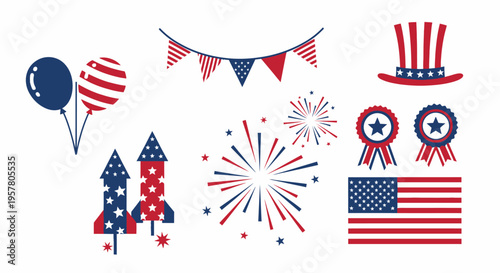 Independence Day Patriotic USA Vector Icon Set with American Flag, Fireworks, Balloons, and Uncle Sam Hat for 4th of July Celebration