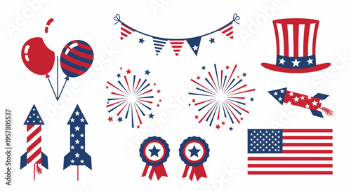 Fourth of July Patriotic Elements Vector Set with American Flag, Fireworks, Balloons, and Uncle Sam Hat for Independence Day and National Holidays