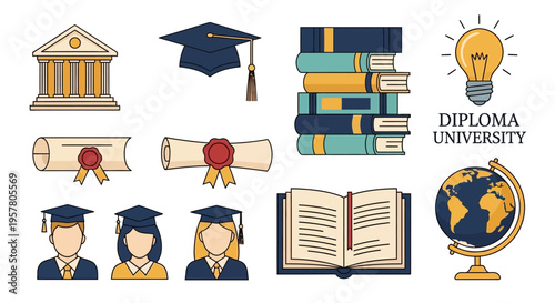 Higher Education and Graduation Icon Set: Vector Illustration of Students, Diplomas, Mortarboard, Books, University Building, and Globe for Academic Success and Learning Design