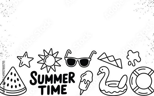 Whimsical Summer Time Doodle Icons: Sun, Watermelon, Sunglasses, and More
