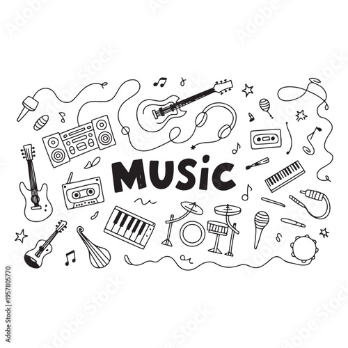 Music Elements Vector Illustration with Guitar, Drums, and Piano