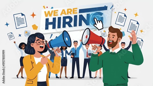 We Are Hiring Announcement Diverse Team People Megaphone Celebration Footage