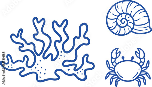 Simple Blue Line Art of Coral, Seashell, and Crab on White Background